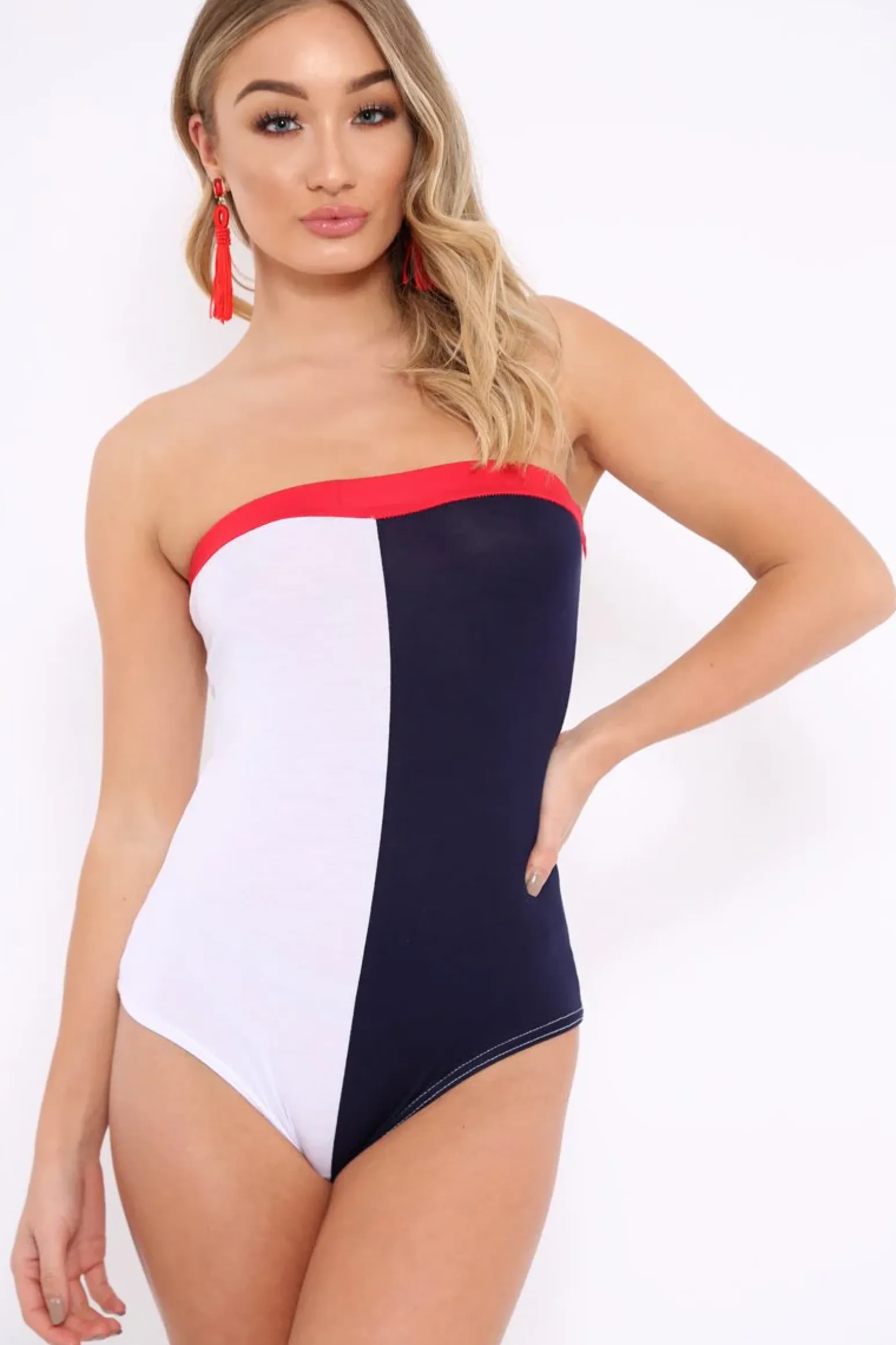 Rebellious Fashion Navy White And Red Colour Block Bandeau Bodysuit - Breta