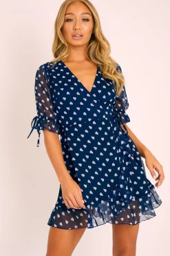 Rebellious Fashion Navy White Heart Print Wrap Front Dress - Selene
