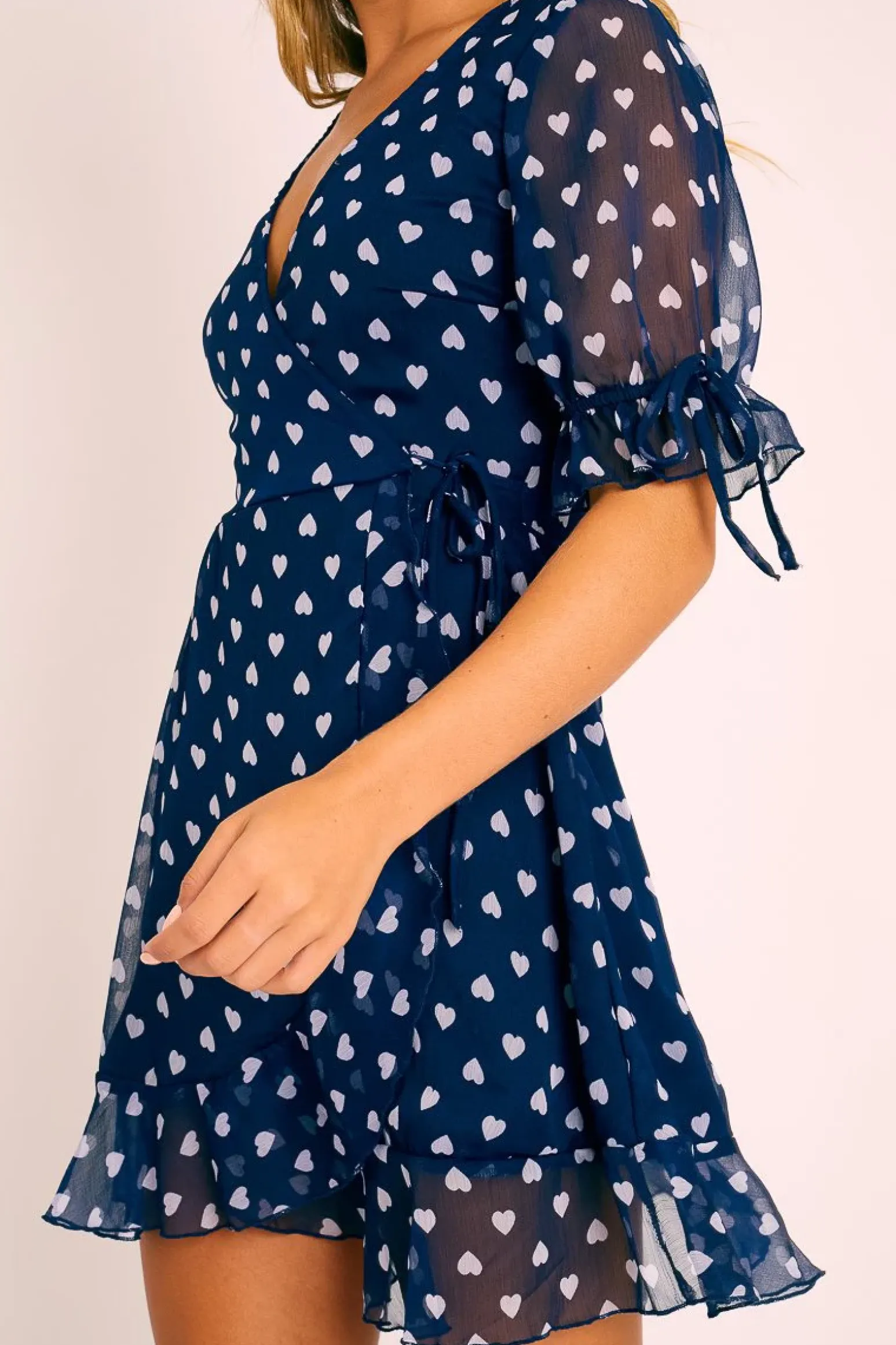 Rebellious Fashion Navy White Heart Print Wrap Front Dress - Selene