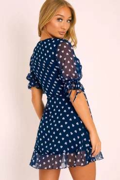 Rebellious Fashion Navy White Heart Print Wrap Front Dress - Selene