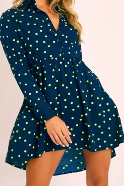 Rebellious Fashion Navy Yellow Polka Dot Shirt Dress - Karman