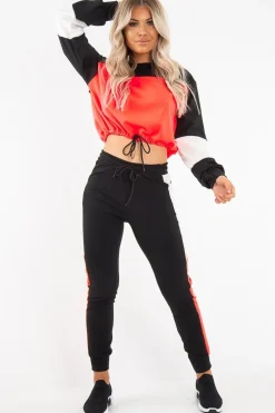 Rebellious Fashion Neon Coral Colour Block Sweatshirt Tracksuit - Kazia