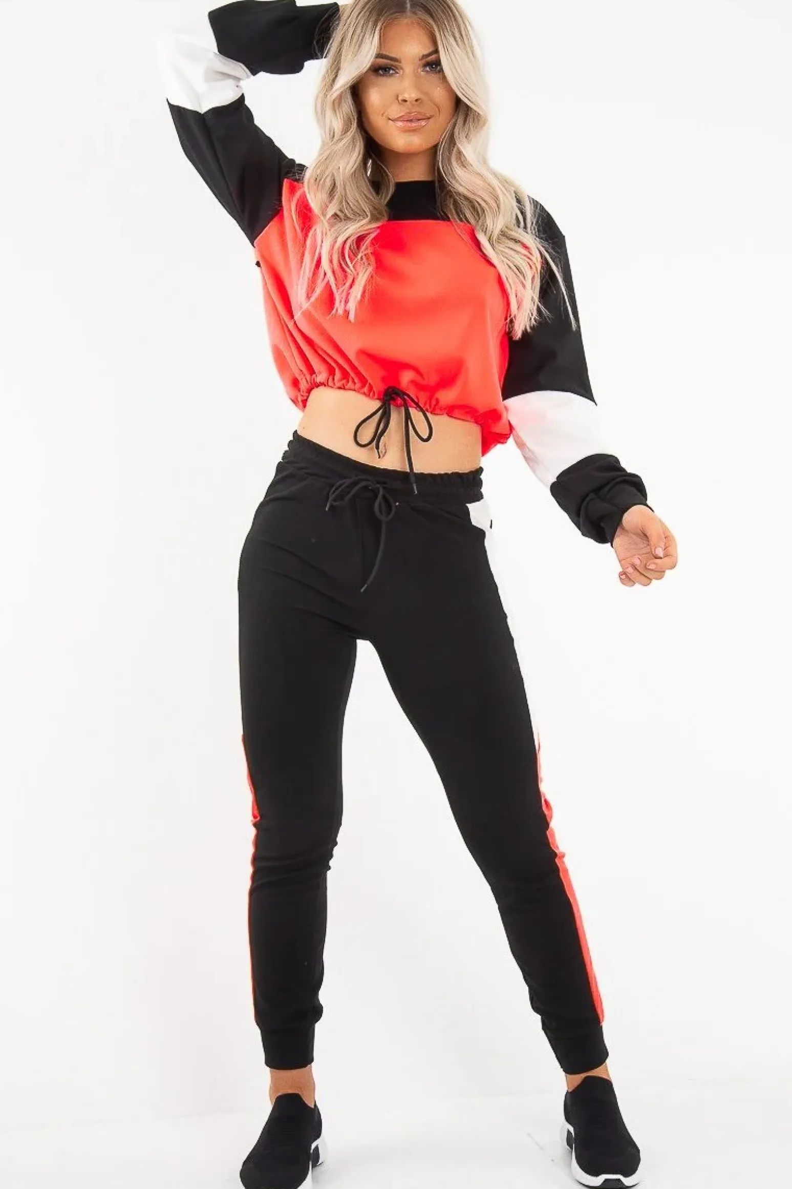 Rebellious Fashion Neon Coral Colour Block Sweatshirt Tracksuit - Kazia