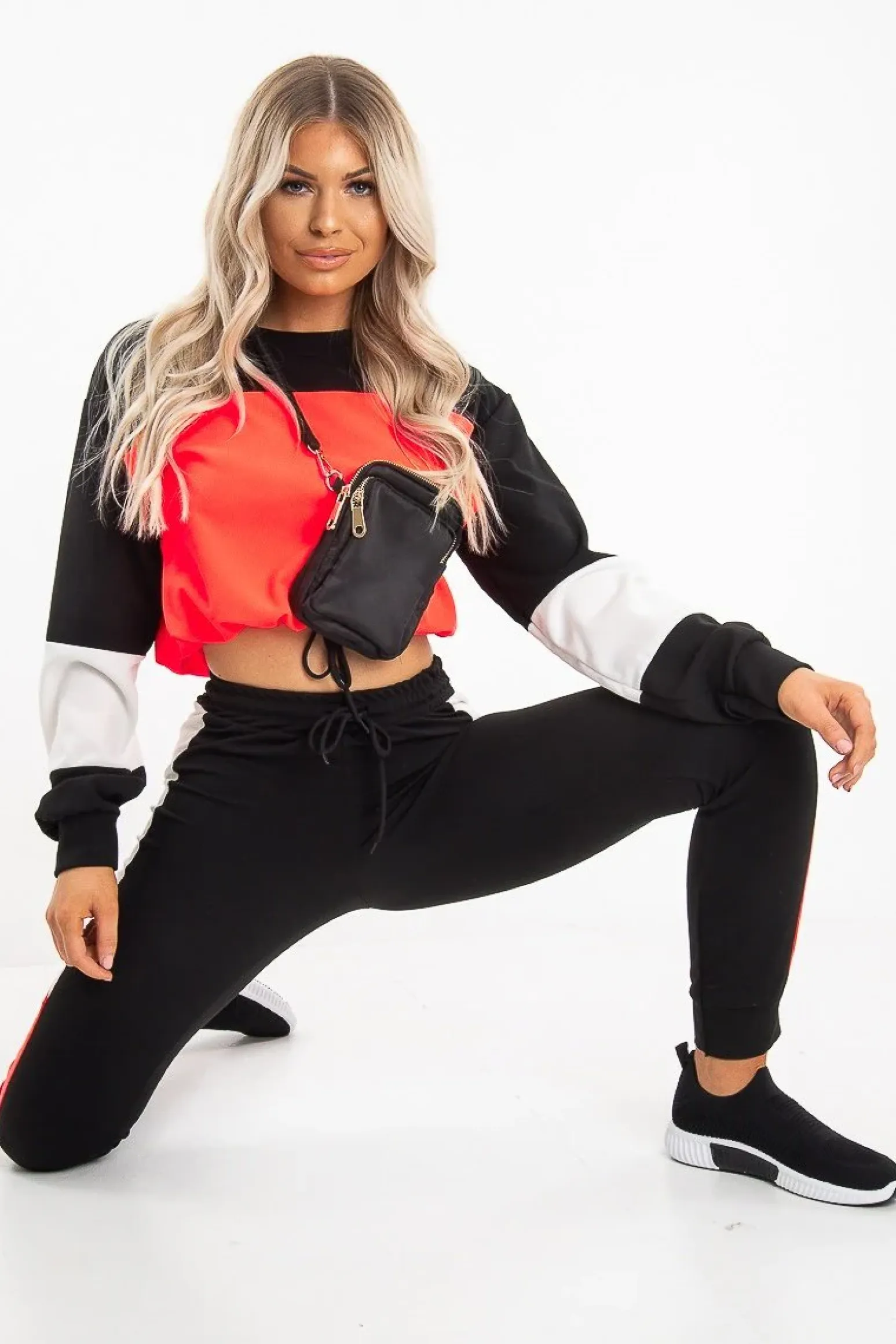Rebellious Fashion Neon Coral Colour Block Sweatshirt Tracksuit - Kazia