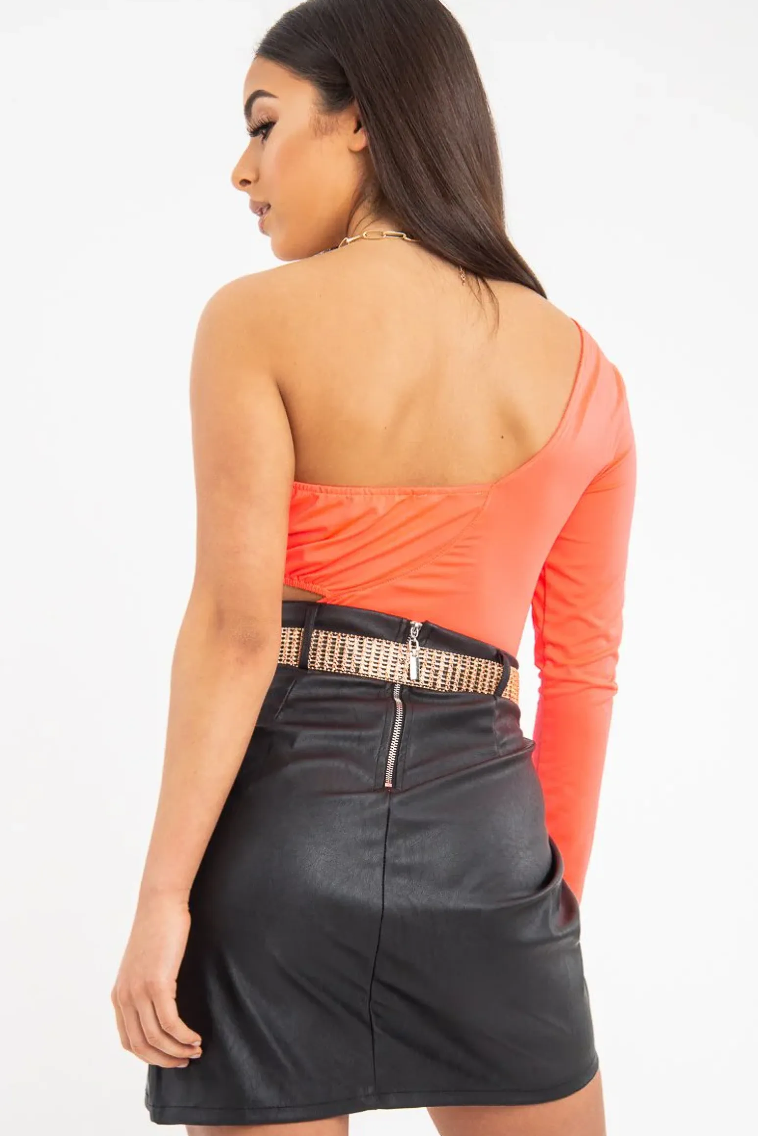 Rebellious Fashion Neon Coral One Sleeve Cut Out Bodysuit - Lyana