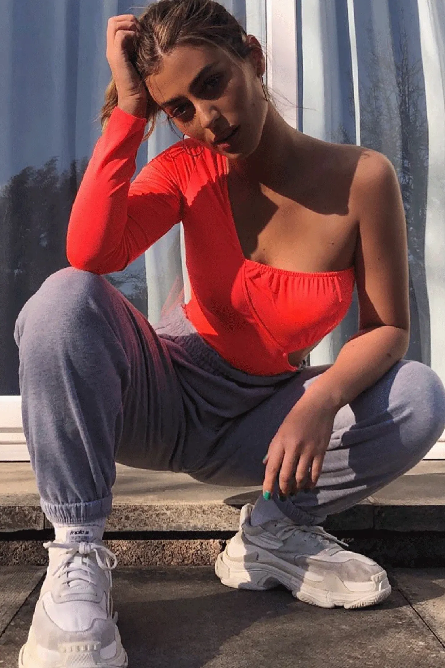Rebellious Fashion Neon Coral One Sleeve Cut Out Bodysuit - Lyana