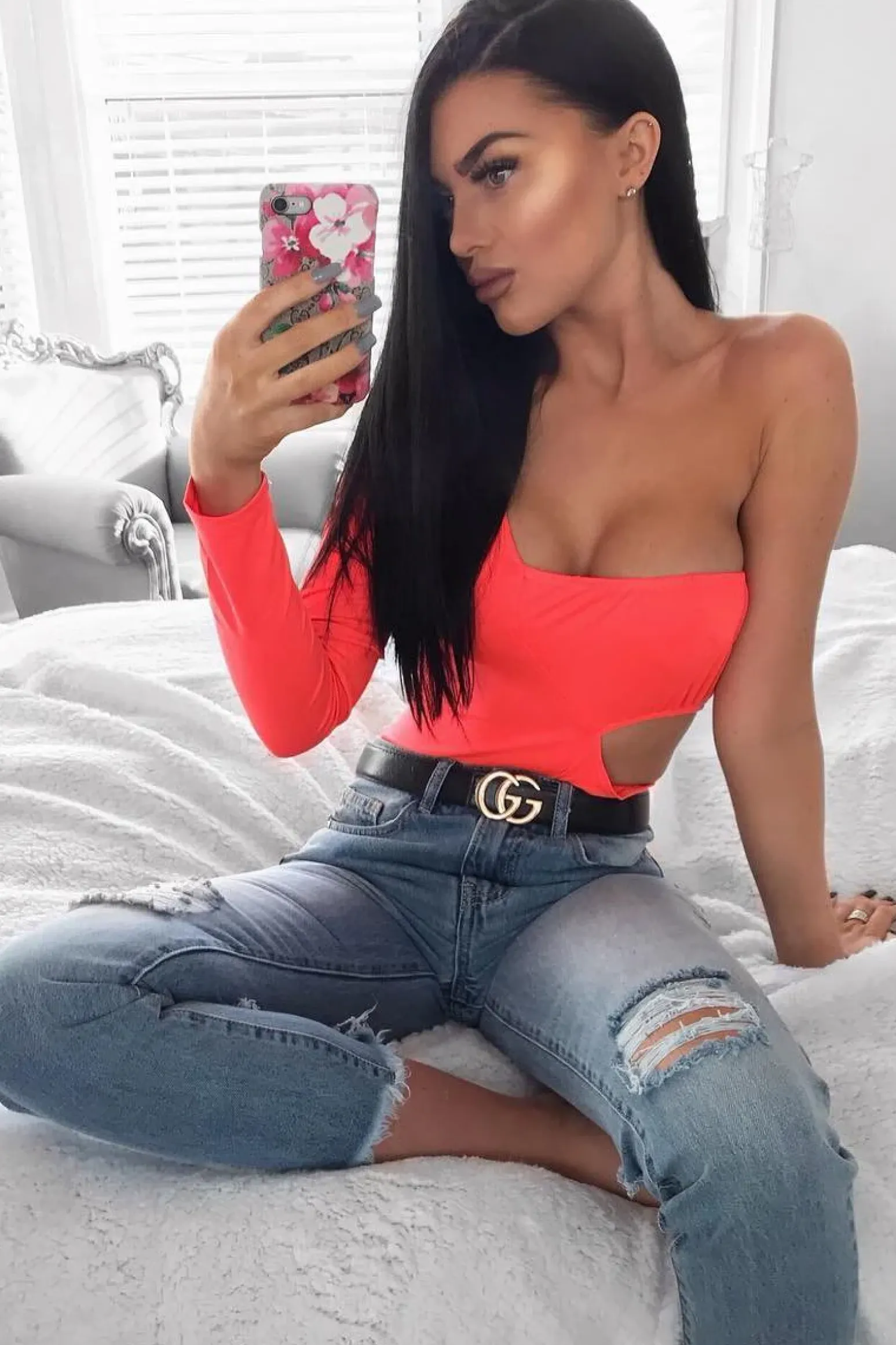 Rebellious Fashion Neon Coral One Sleeve Cut Out Bodysuit - Lyana