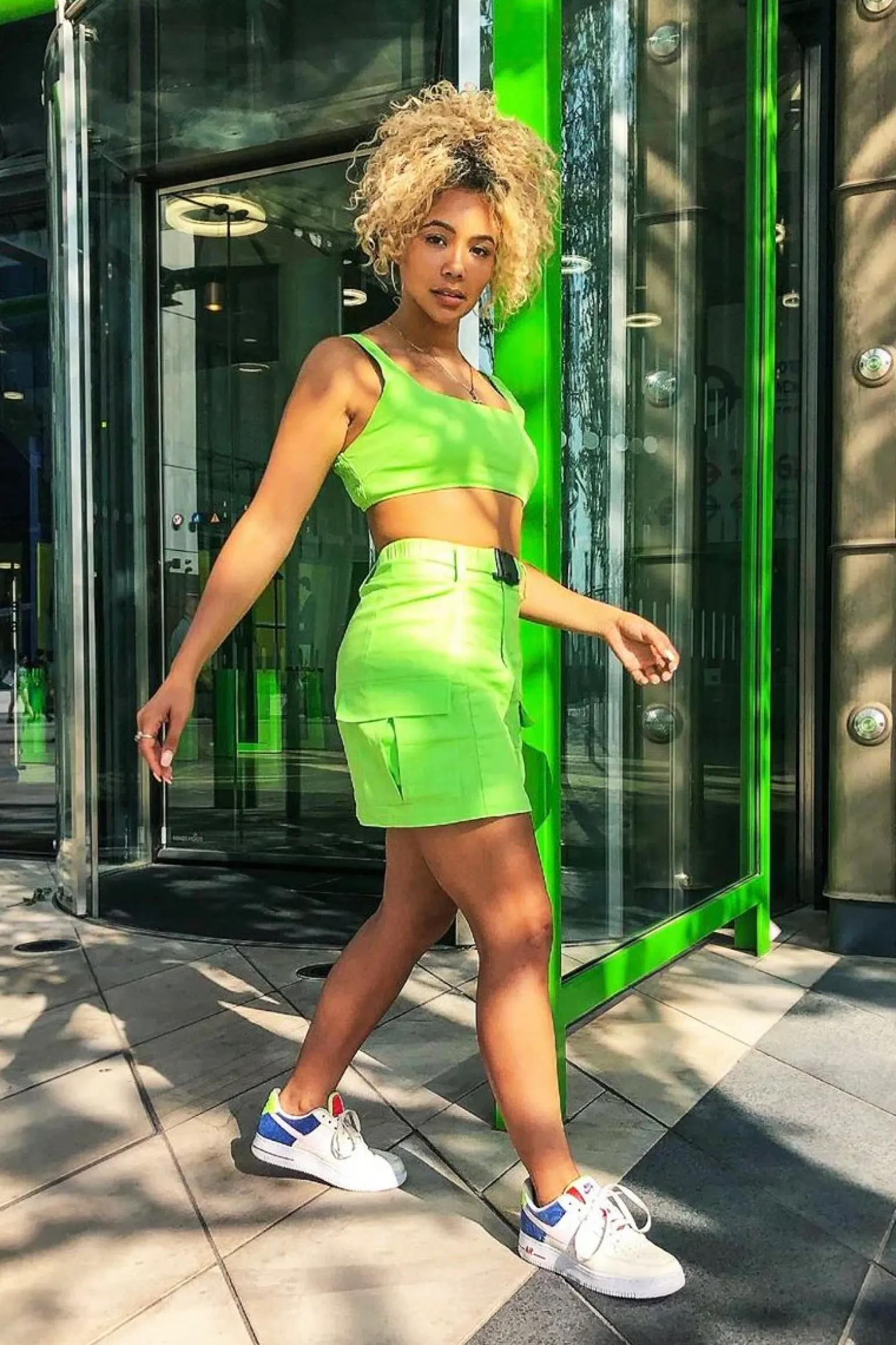 Rebellious Fashion Neon Green Buckle Cargo Skirt and Crop Top Co-ord - Naliyah