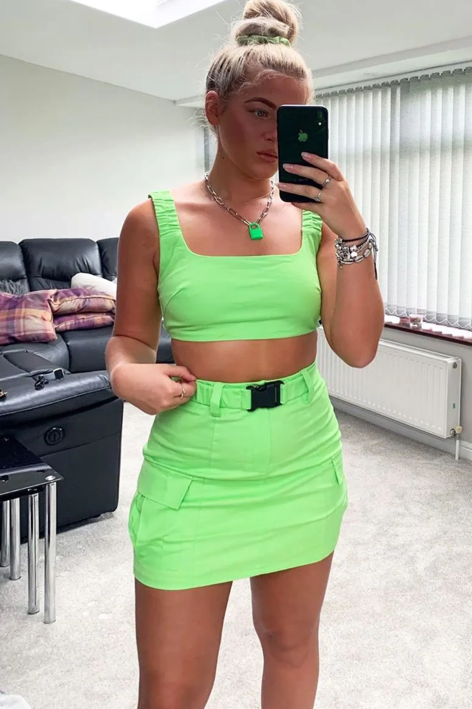 Rebellious Fashion Neon Green Buckle Cargo Skirt and Crop Top Co-ord - Naliyah