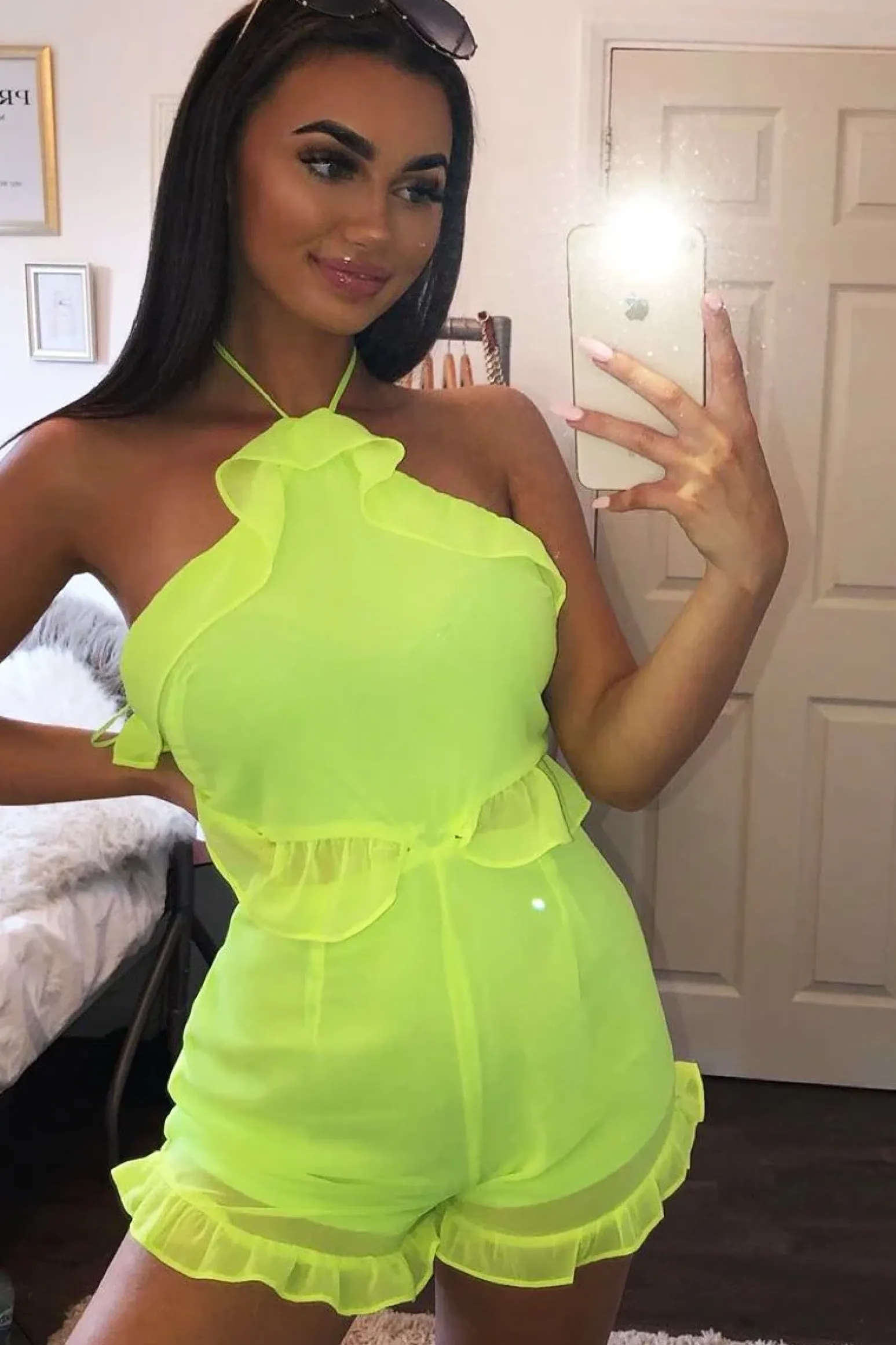 Rebellious Fashion Neon Green Crepe Frill Playsuit - Luanna