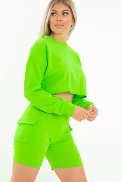 Rebellious Fashion Neon Green Crop Top And Shorts Co-ord Set - Fina