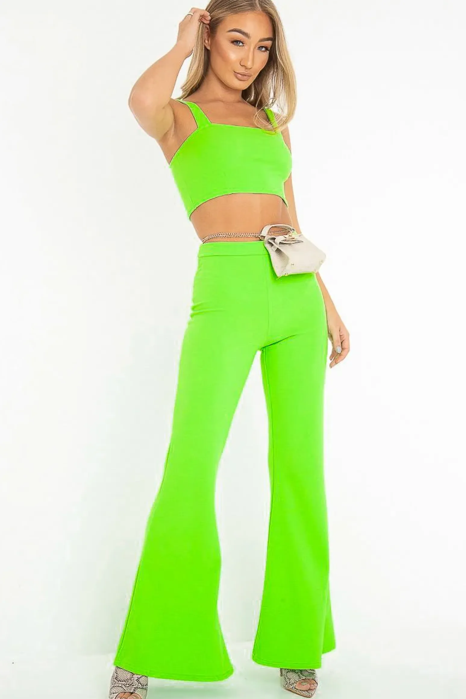 Rebellious Fashion Neon Green Crop Top and Trousers Co-ord Set - Kimmy