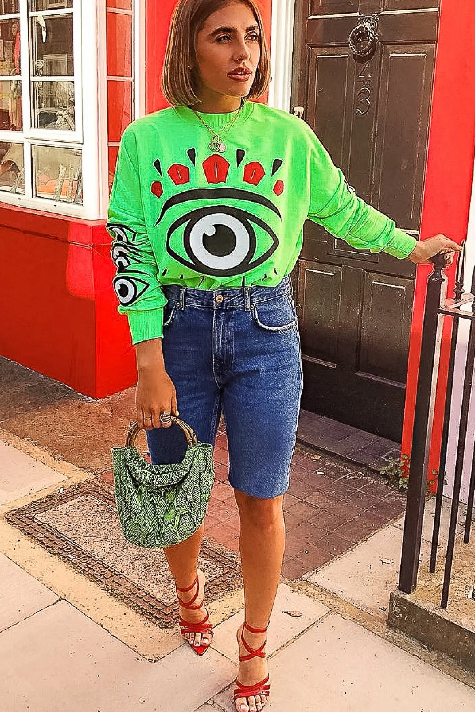 Rebellious Fashion Neon Green Eye Print Crew Neck Sweatshirt - Lynden