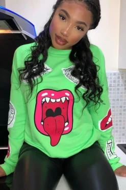 Rebellious Fashion Neon Green Eyes Lips Printed Sweatshirt - Beckie