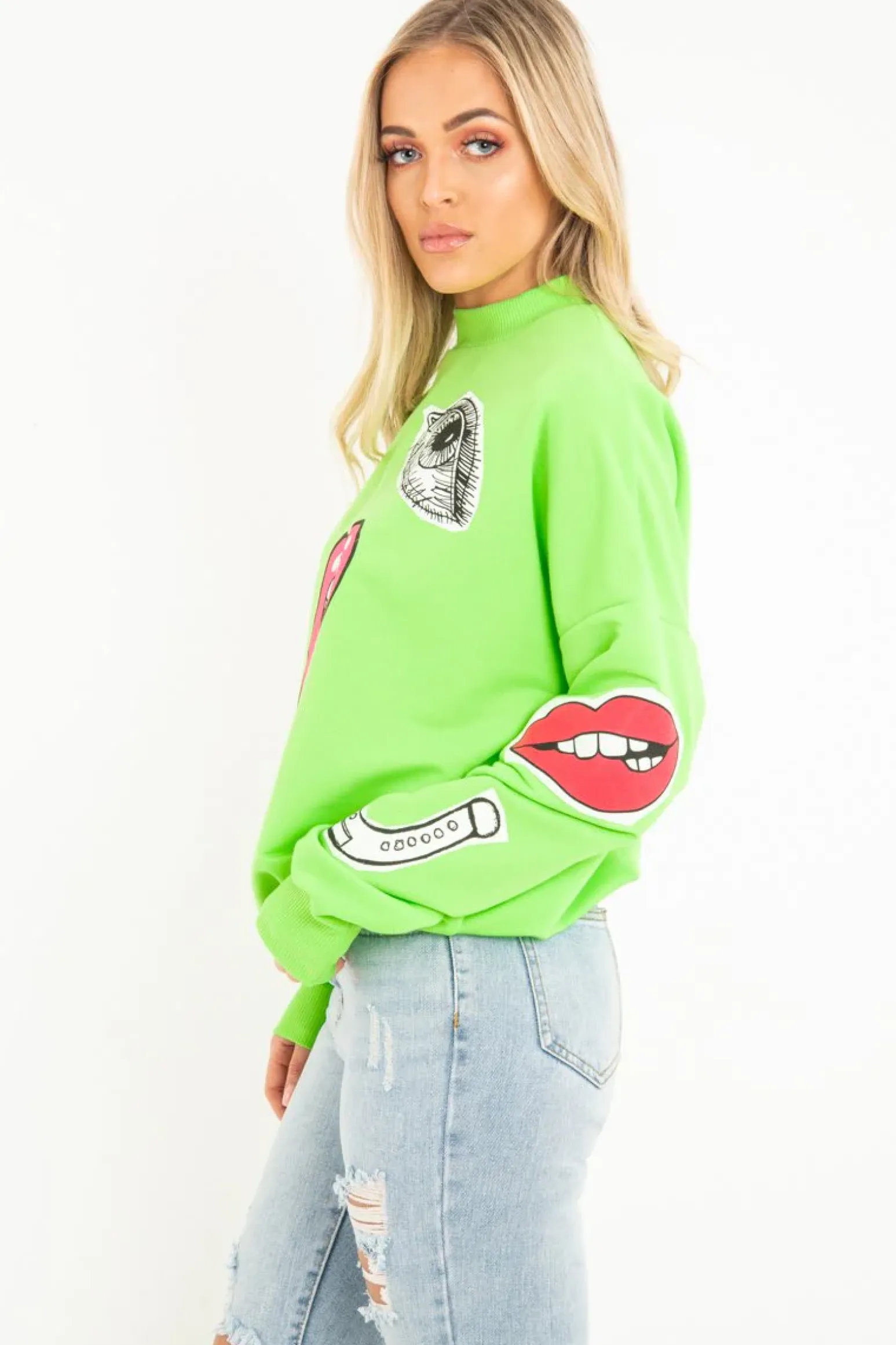 Rebellious Fashion Neon Green Eyes Lips Printed Sweatshirt - Beckie