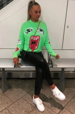 Rebellious Fashion Neon Green Eyes Lips Printed Sweatshirt - Beckie