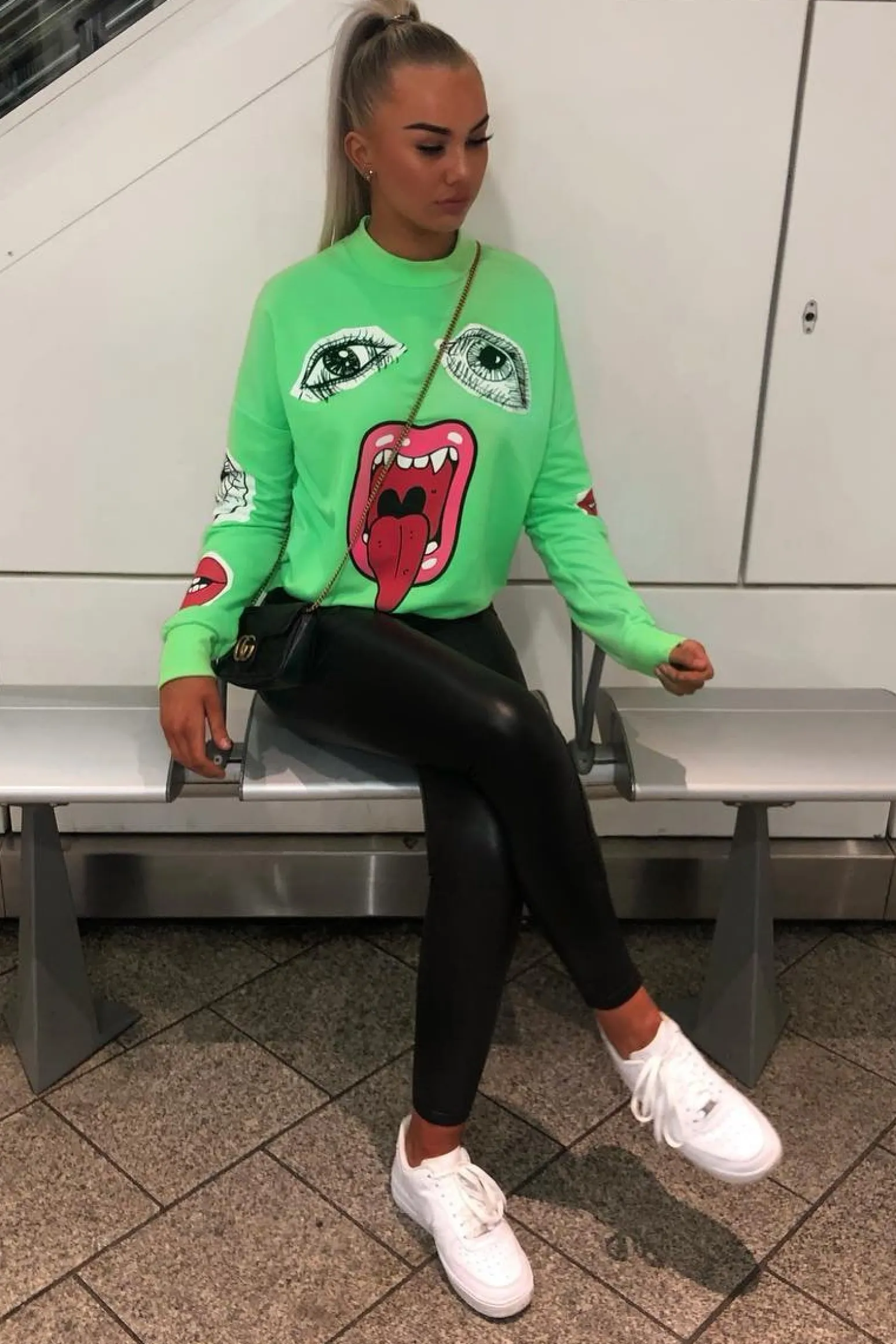Rebellious Fashion Neon Green Eyes Lips Printed Sweatshirt - Beckie