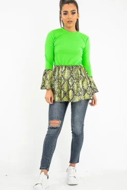 Rebellious Fashion Neon Green Lime Snake Print Flare Sleeve Peplum Top - Dhara