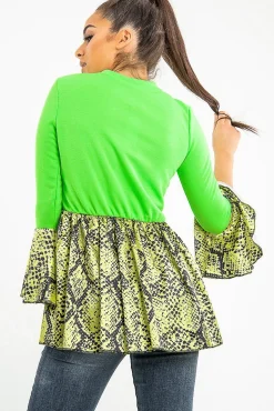 Rebellious Fashion Neon Green Lime Snake Print Flare Sleeve Peplum Top - Dhara