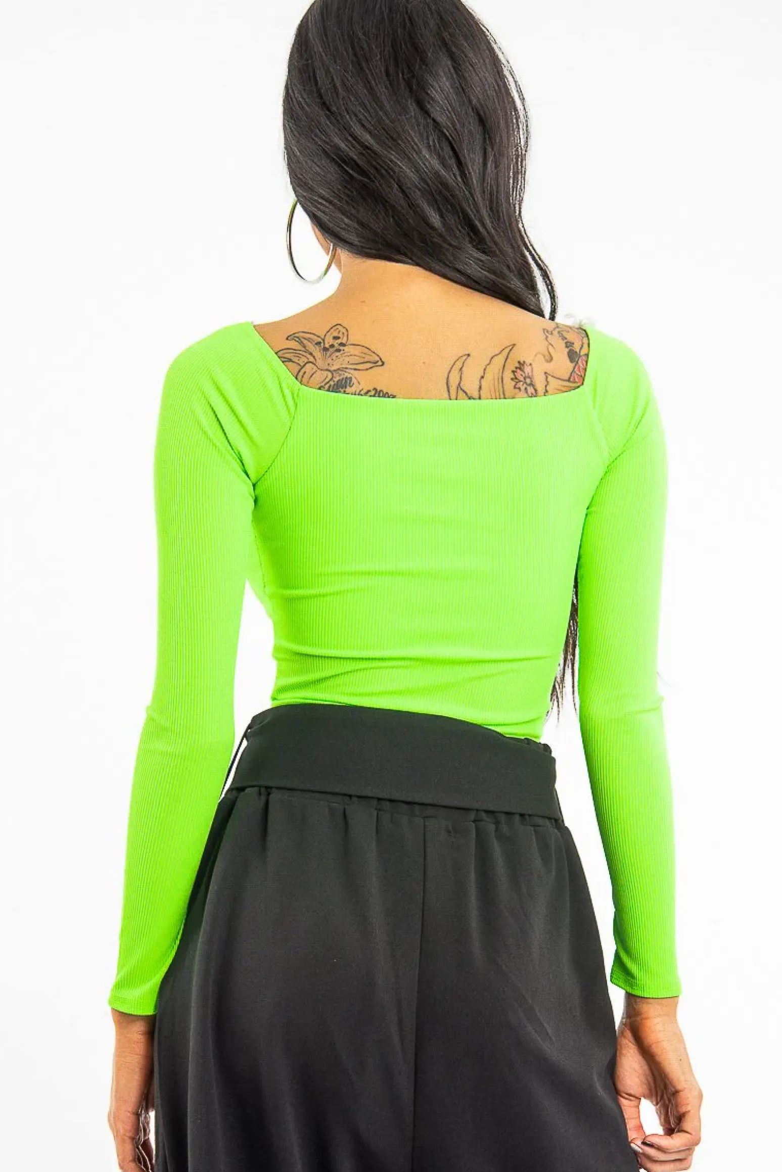 Rebellious Fashion Neon Green Ribbed Square Neck Bodysuit - Alysha