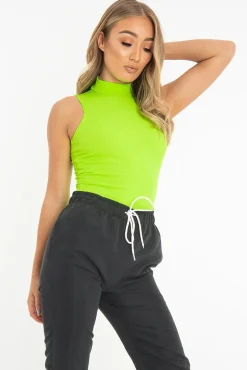 Rebellious Fashion Neon Green Rib High Neck Cut Out Back Bodysuit - Leara