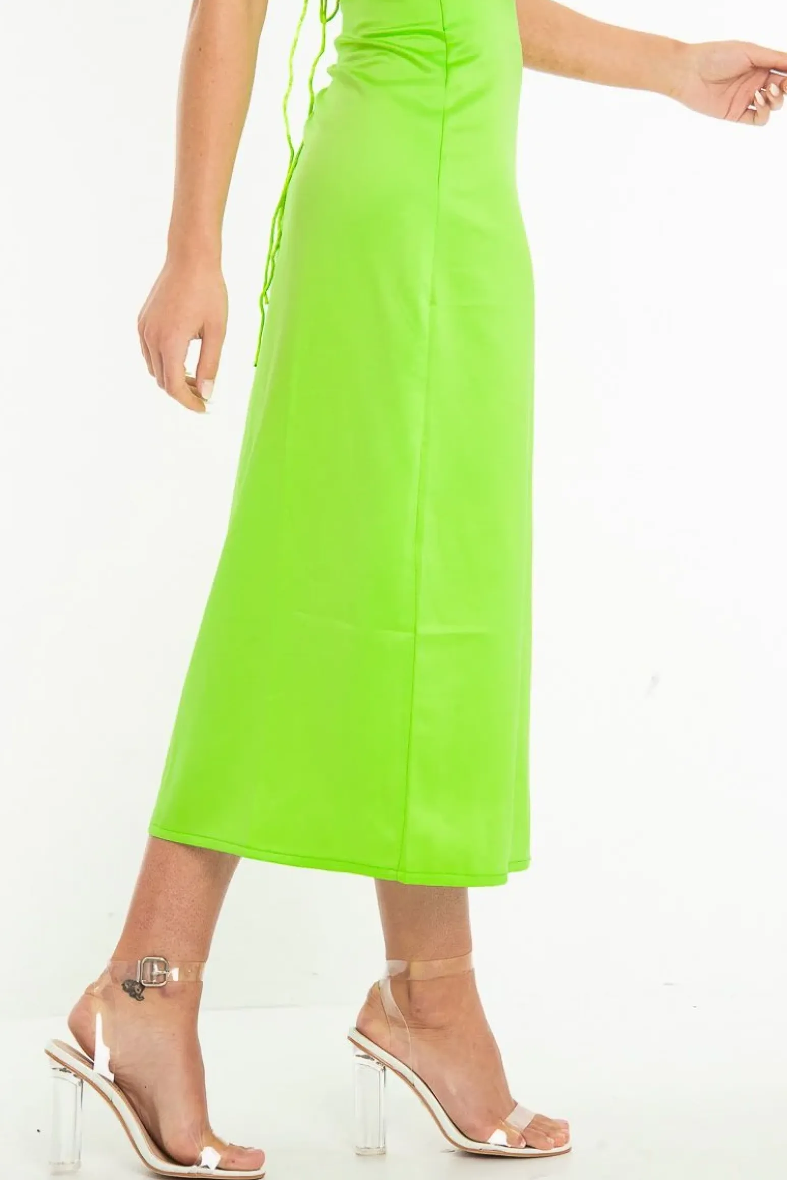 Rebellious Fashion Neon Green Satin Floaty Midi Skirt - Serafina