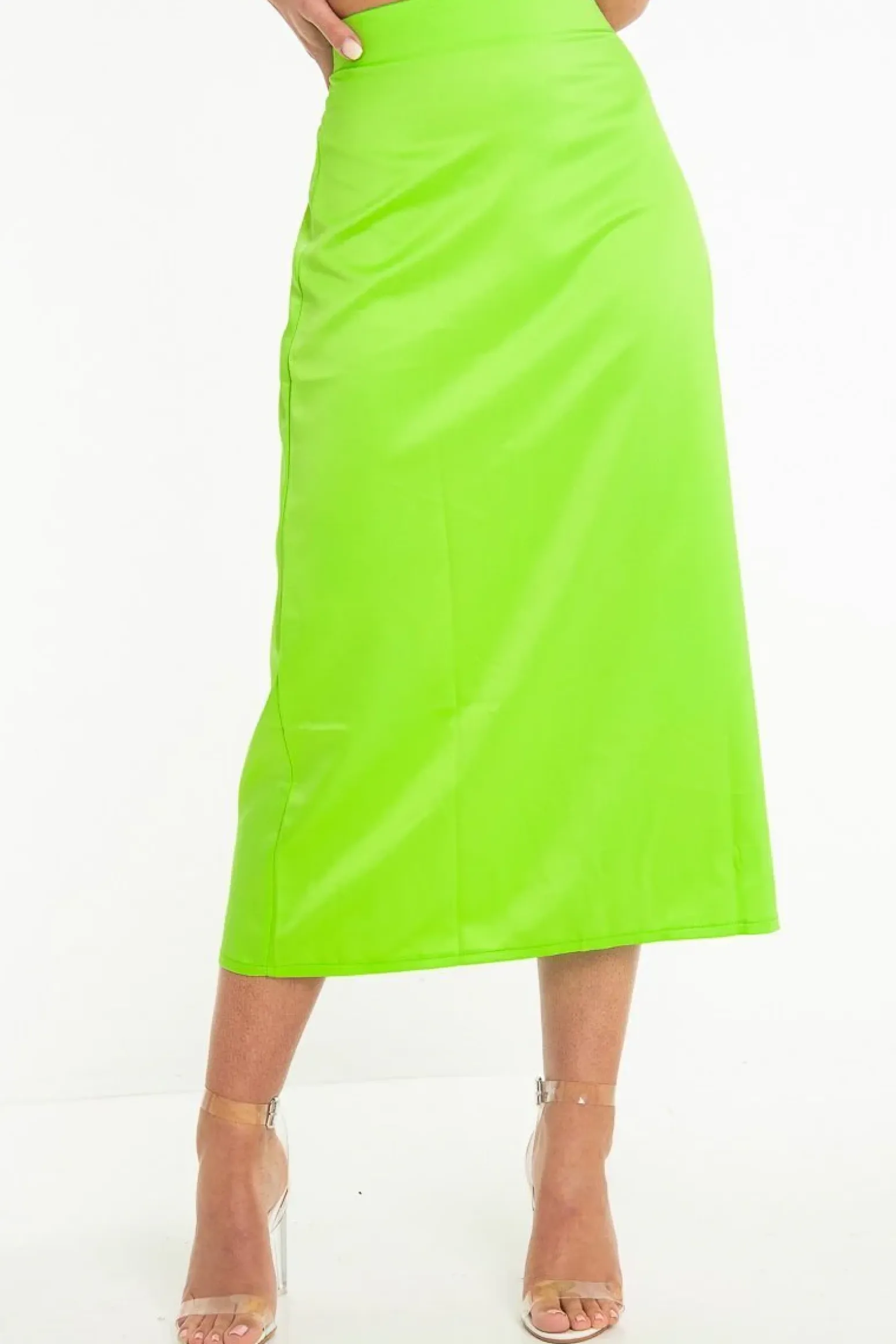 Rebellious Fashion Neon Green Satin Floaty Midi Skirt - Serafina