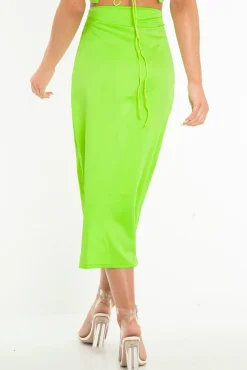Rebellious Fashion Neon Green Satin Floaty Midi Skirt - Serafina