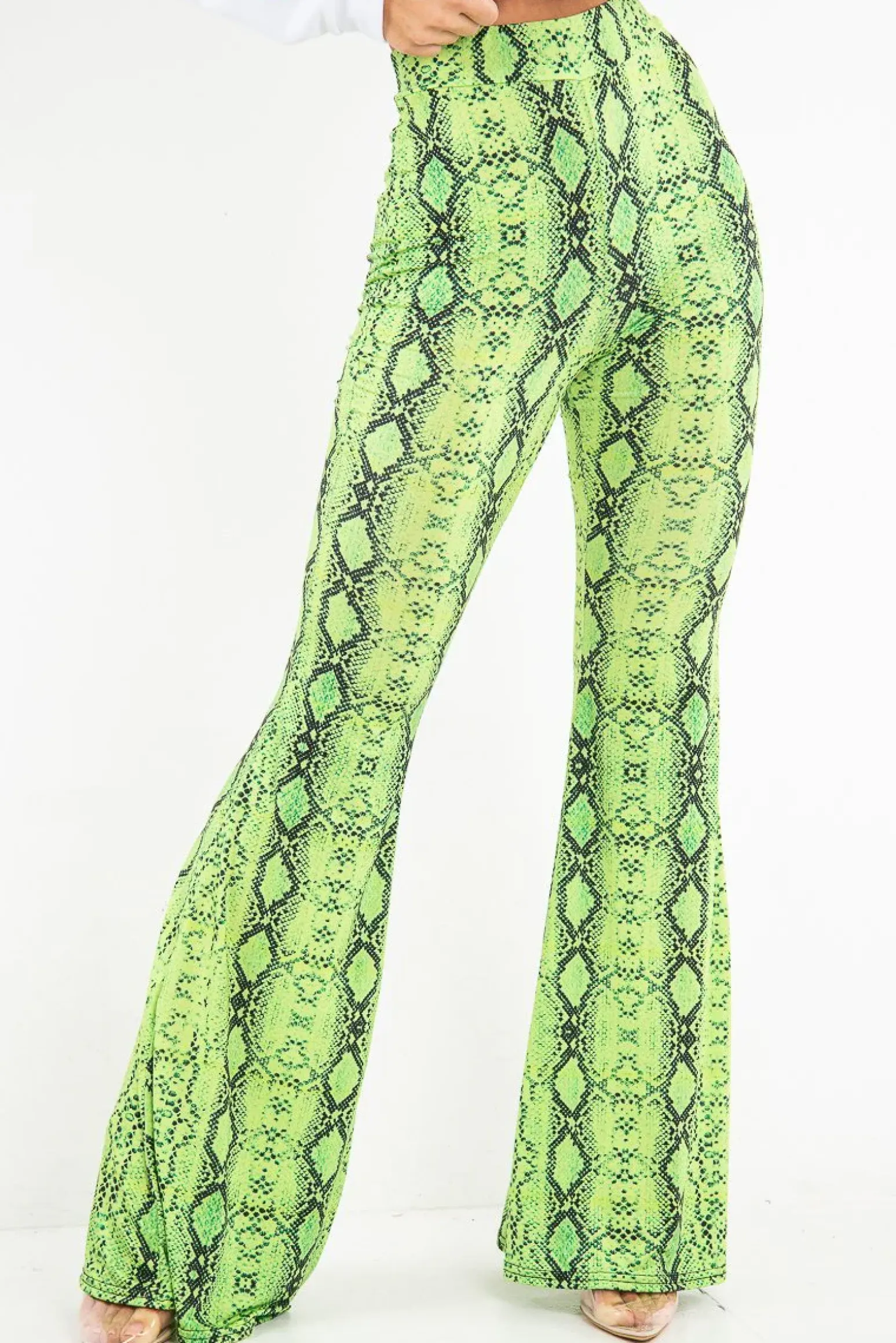 Rebellious Fashion Neon Green Snake Print Flared Trousers - Mianna