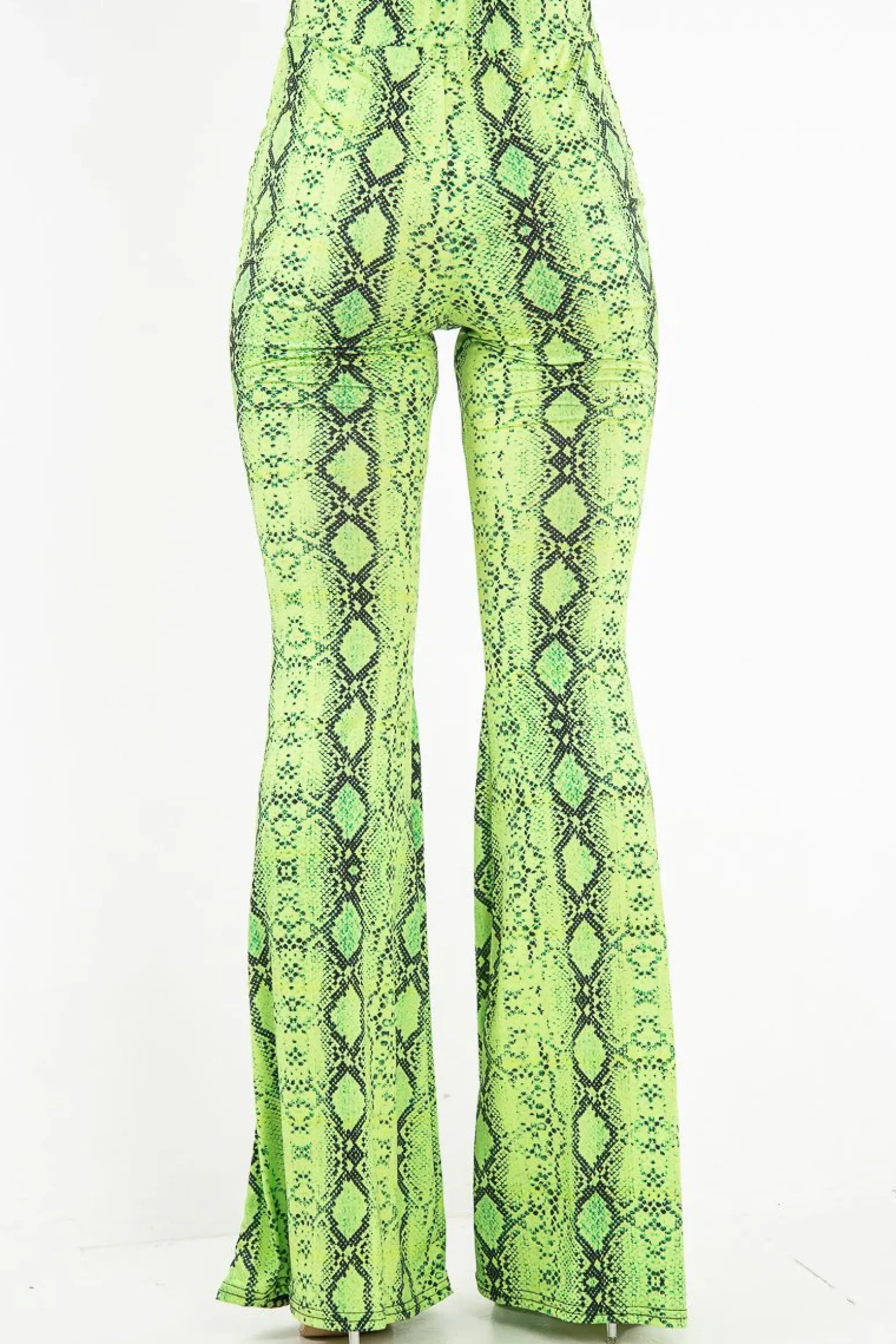 Rebellious Fashion Neon Green Snake Print Flared Trousers - Mianna