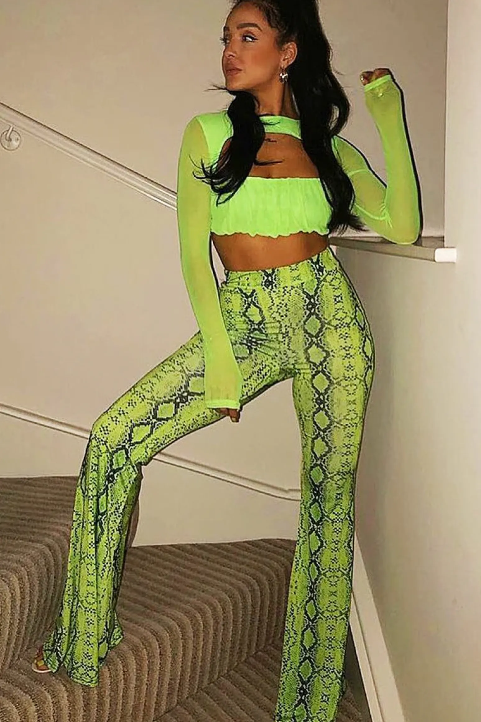 Rebellious Fashion Neon Green Snake Print Flared Trousers - Mianna