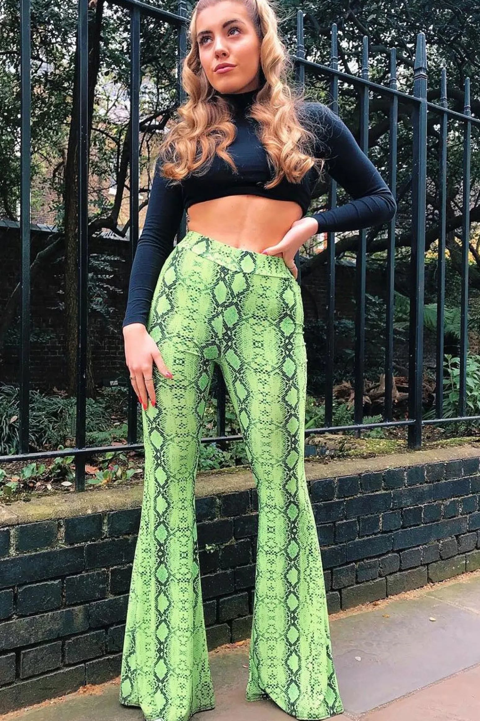 Rebellious Fashion Neon Green Snake Print Flared Trousers - Mianna