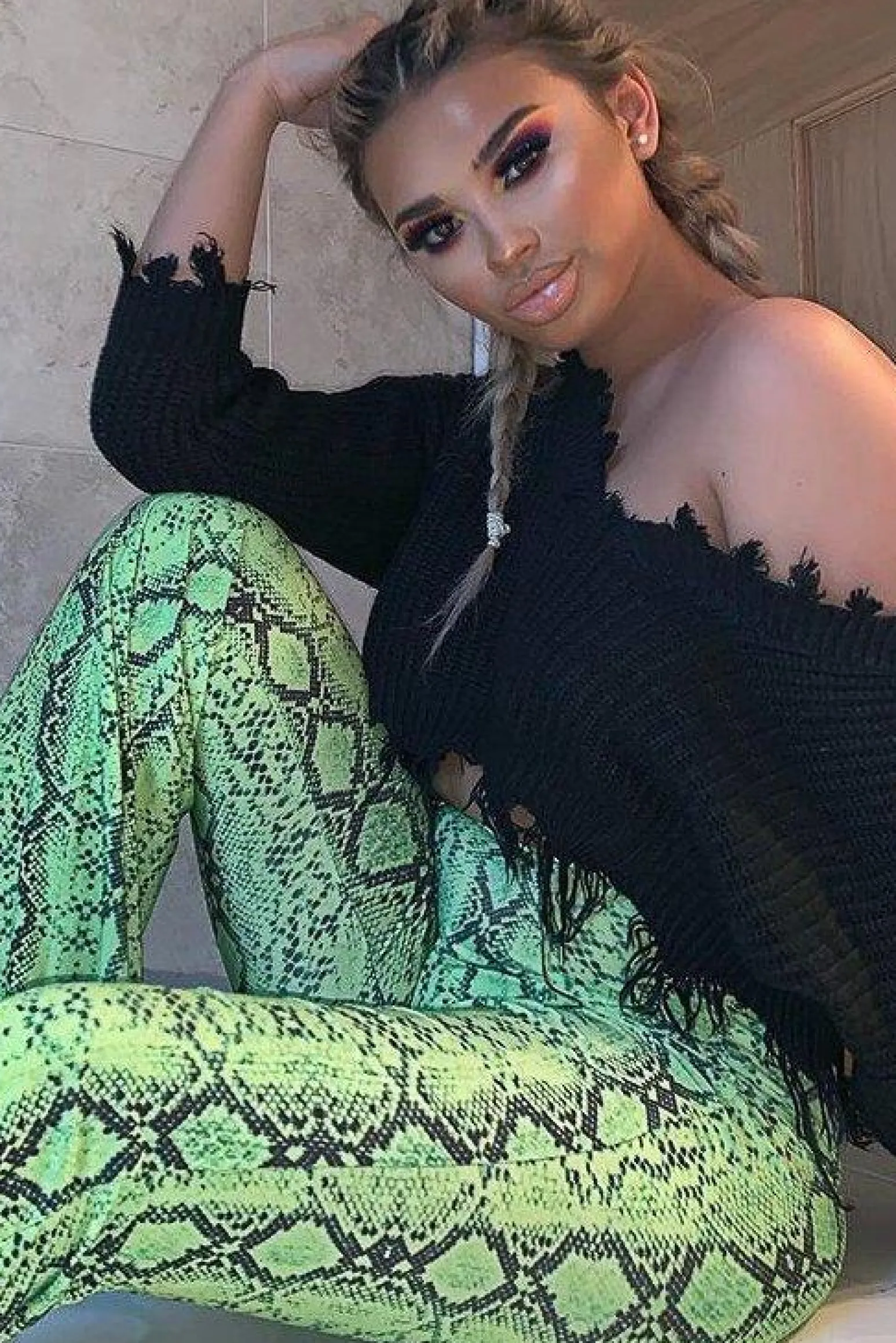 Rebellious Fashion Neon Green Snake Print Flared Trousers - Mianna