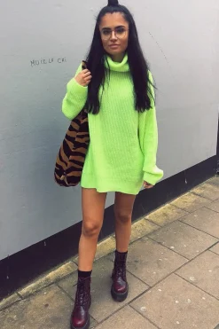 Rebellious Fashion Neon Lime Green Roll Neck Jumper Dress - Freylynn