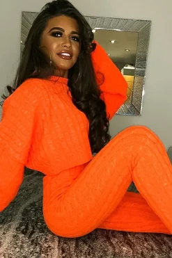 Rebellious Fashion Neon Orange Cable Knit Batwing Jumper Loungwear Set - Janea