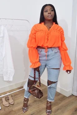Rebellious Fashion Neon Orange Chiffon Balloon Sleeve Crop Tie Front Blouse - Amelia