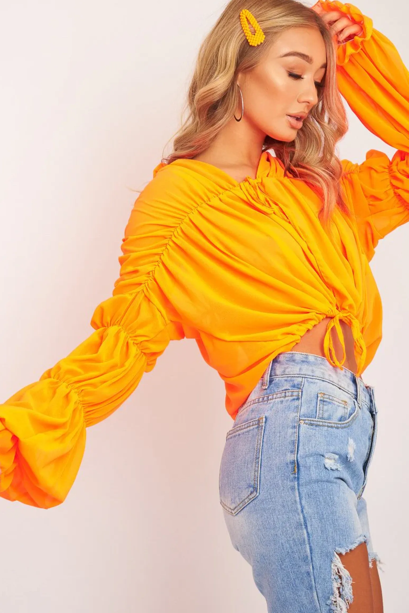 Rebellious Fashion Neon Orange Chiffon Balloon Sleeve Crop Tie Front Blouse - Amelia