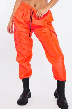 Rebellious Fashion Neon Orange Hem Shell Cargo Joggers - Iris