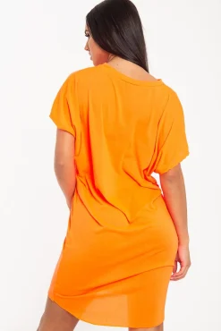 Rebellious Fashion Neon Orange Oversized Pocket Front Midi T-Shirt Dress - Whitney
