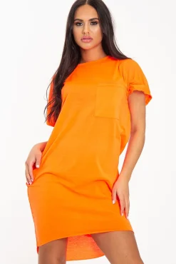 Rebellious Fashion Neon Orange Oversized Pocket Front Midi T-Shirt Dress - Whitney
