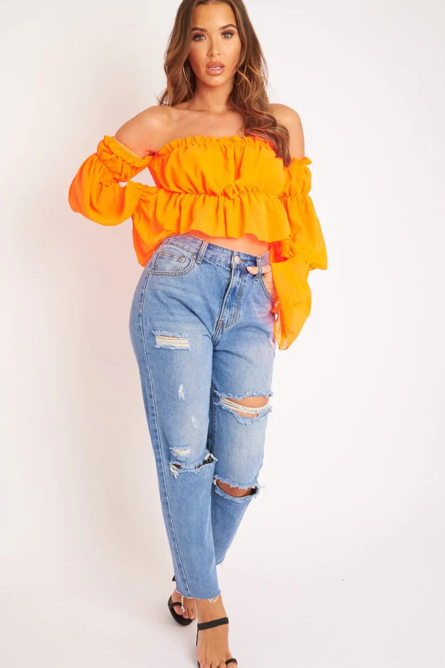 Rebellious Fashion Neon Orange Ruffle Bardot Crop Top - Ammie