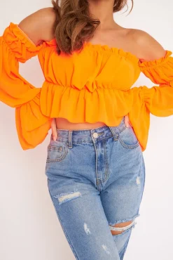 Rebellious Fashion Neon Orange Ruffle Bardot Crop Top - Ammie