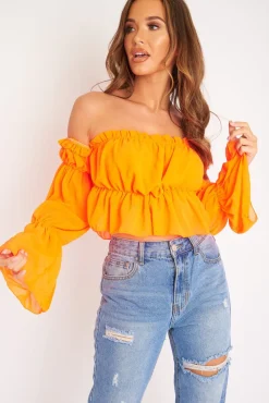 Rebellious Fashion Neon Orange Ruffle Bardot Crop Top - Ammie