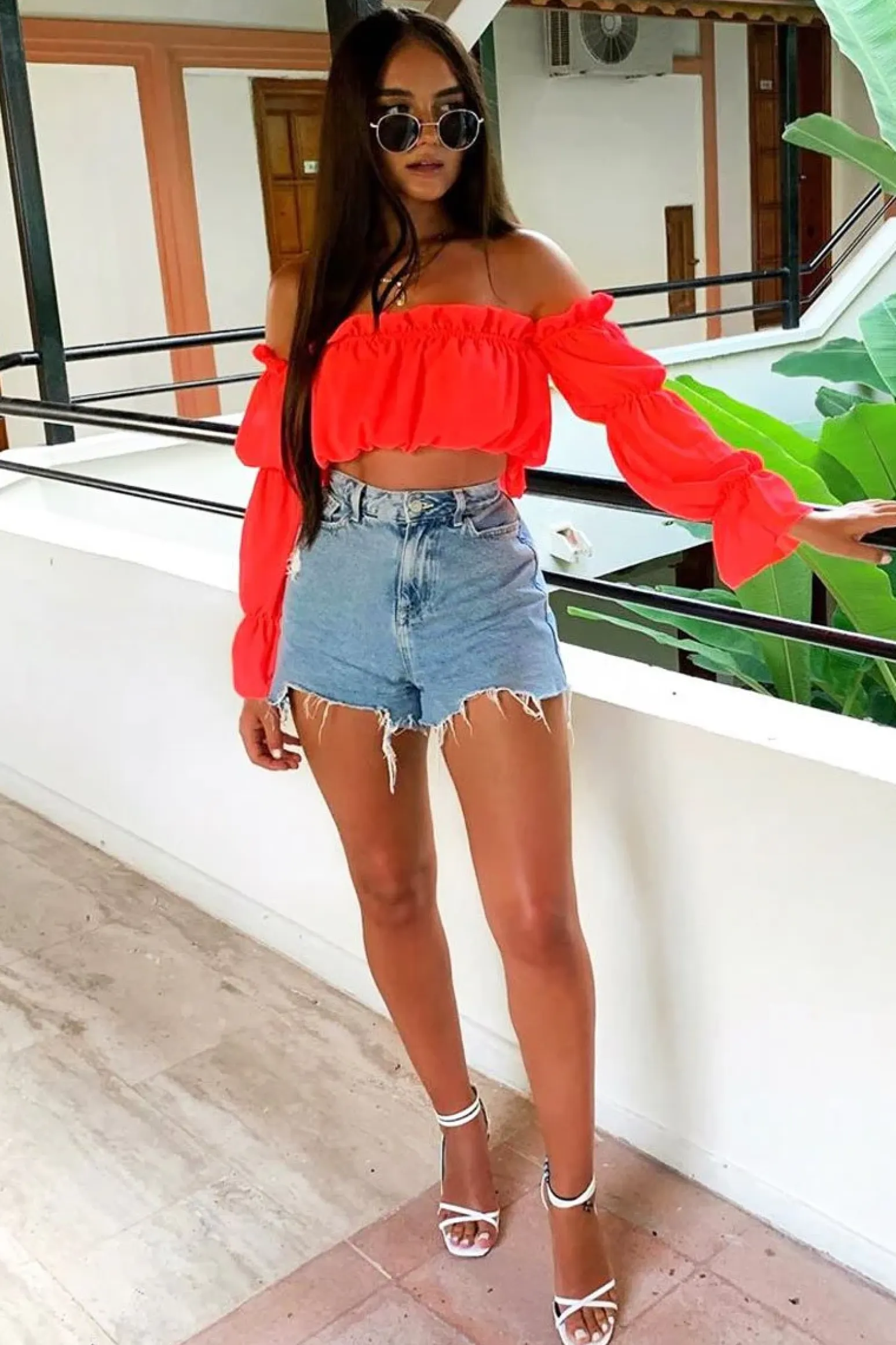 Rebellious Fashion Neon Orange Ruffle Bardot Crop Top - Ammie