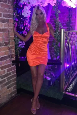 Rebellious Fashion Neon Orange Satin Cup Detail Mini Dress - Jenna