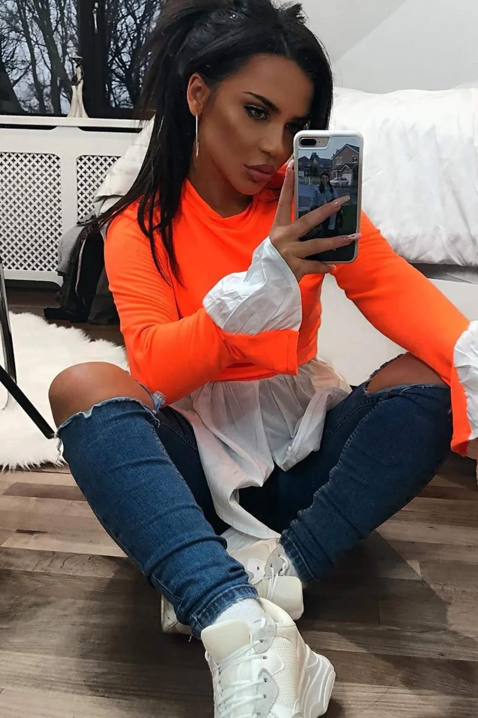 Rebellious Fashion Neon Orange Shirt Insert Crew Neck Jumper - Kamilla
