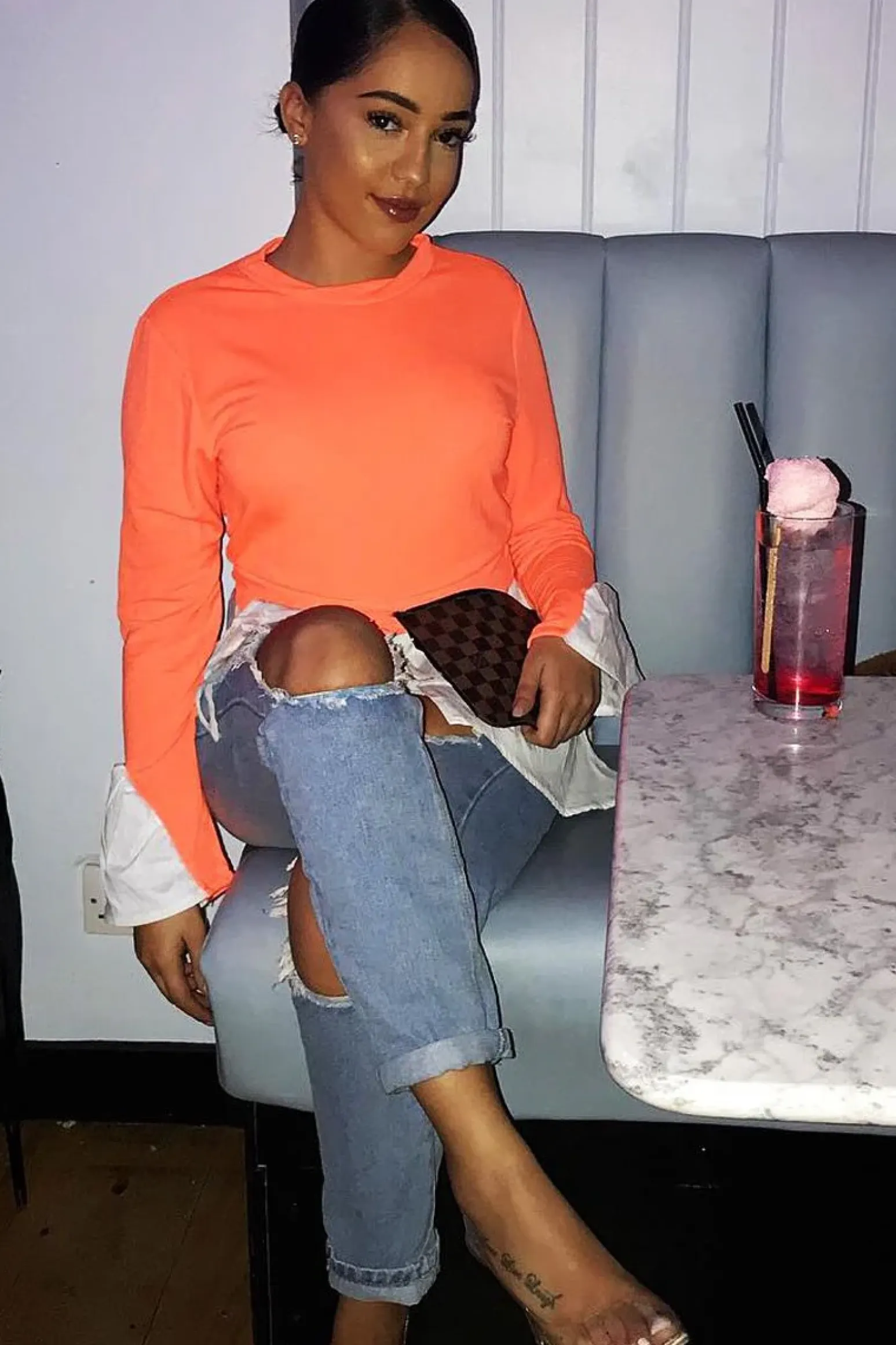 Rebellious Fashion Neon Orange Shirt Insert Crew Neck Jumper - Kamilla