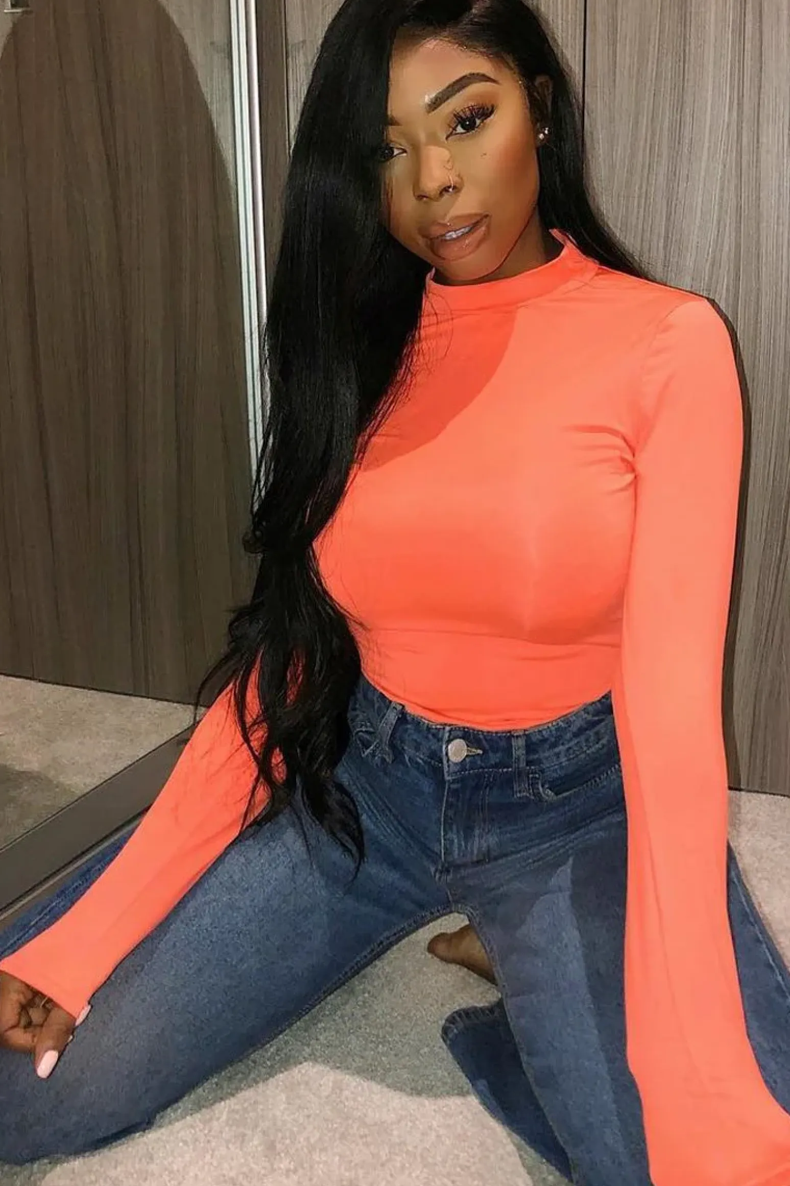 Rebellious Fashion Neon Orange Slinky Bodysuit - Allison