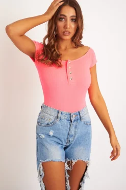 Rebellious Fashion Neon Pink Bardot Button Down Bodysuit - Loda