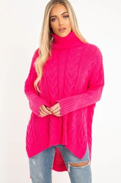 Rebellious Fashion Neon Pink Cable Knit Roll Neck Jumper - Laraina